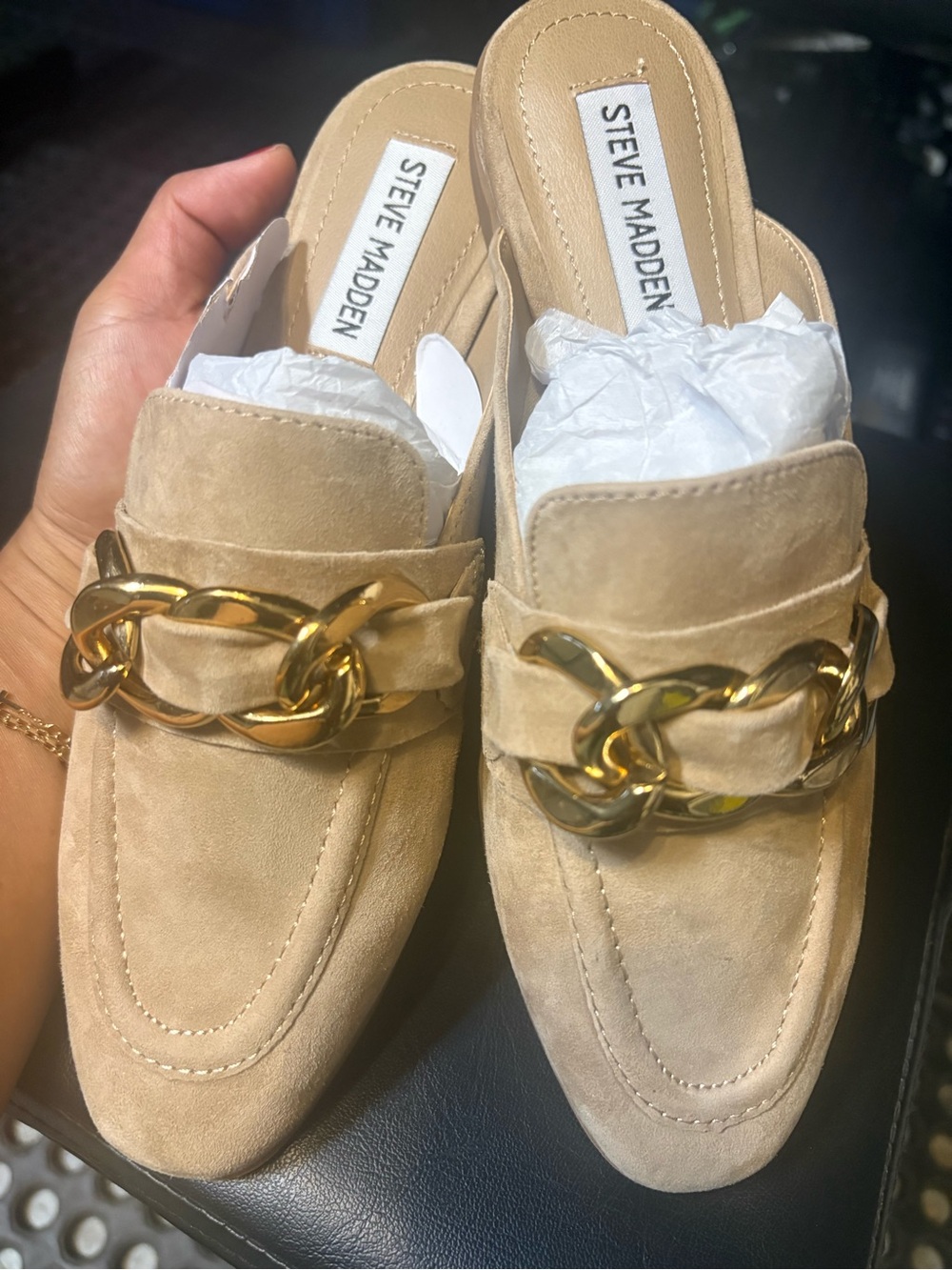 Steve Madden Tan Suede Loafer Mules with Gold Chain